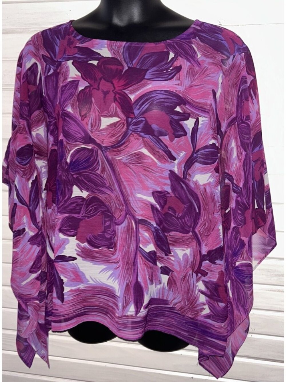 Susan Graver Sz 2X PLUS Purple Floral Poly Chiffon Scarf Print Top Tunic EUC